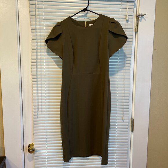 Calvin Klein Olive Green Tulip Sleeve Sheath Dress, Size 6 - Picture 2 of 7